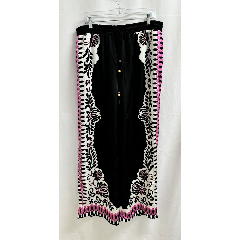 Women's Black Wide Leg Pants with Pink & White Border Print